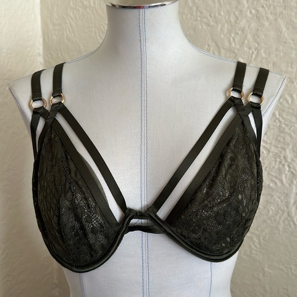 Victoria’s Secret Olive Forest Green Unlined Gold Rings Strappy Harness Bra 38DD - Picture 2 of 10